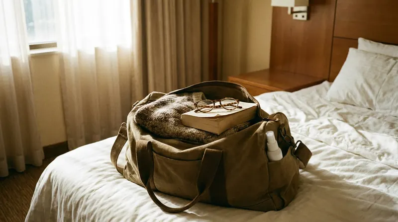 A small white spray bottle tucked into the side pocket of an open travel bag beside a sweater and reading glasses