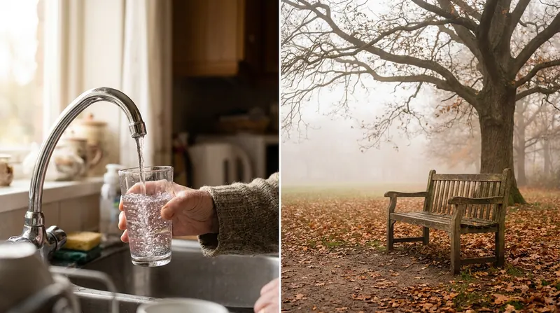 Split scene of a glass filling at a kitchen tap and an empty park bench under an oak on a misty morning