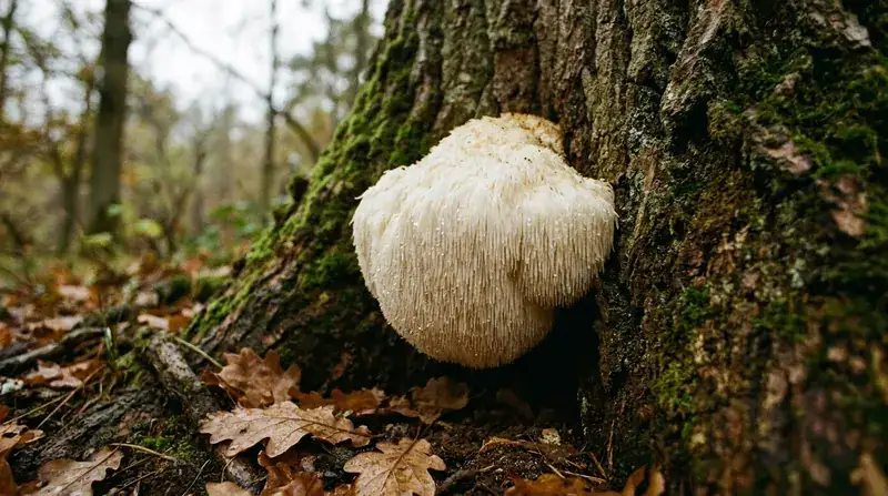 A white lion's mane mushroom growing from the side of a mossy oak trunk in an autumn forest