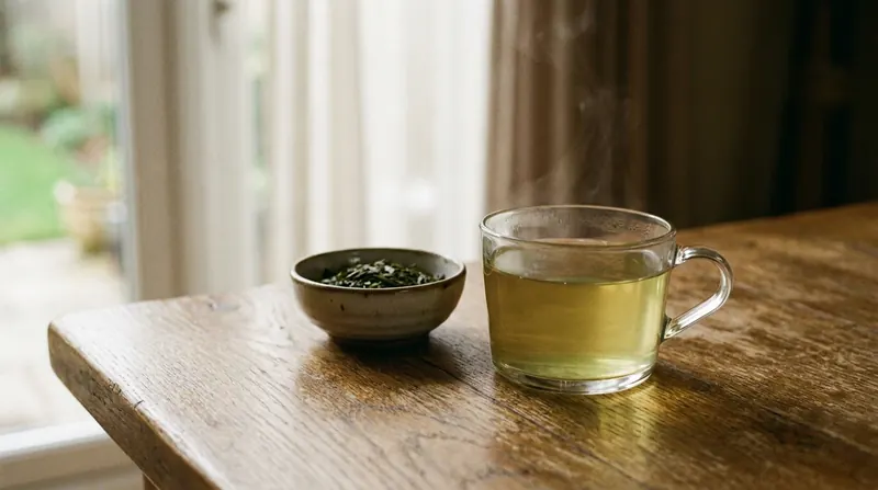 A clear glass cup of pale green tea on an oak table beside a small dish of loose tea leaves