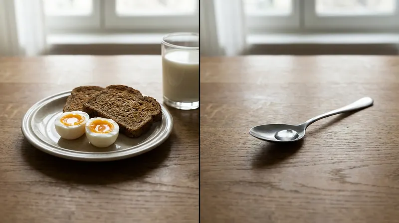 A breakfast of eggs, toast and milk on one side and a single droplet in a steel teaspoon on the other