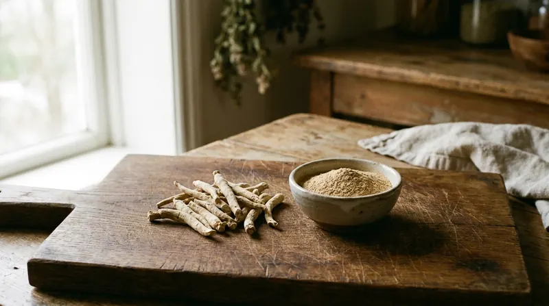 Dried ashwagandha roots on an oak board beside a small bowl of the ground root