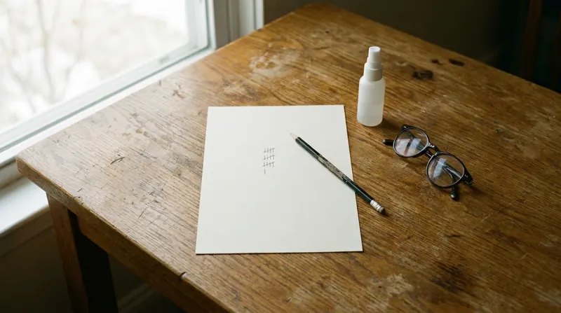 A sheet of paper with a short pencilled column of tally strokes beside a small white spray bottle and reading glasses