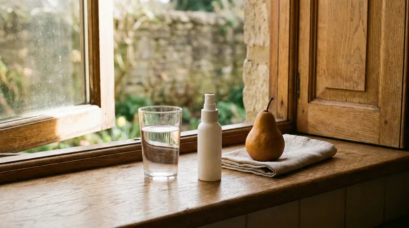 A glass of water and a small white spray bottle side by side on a sunny oak windowsill