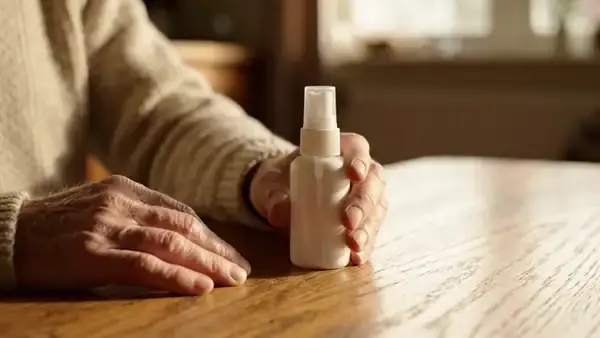A man's hands giving a small white spray bottle two short shakes at an oak table
