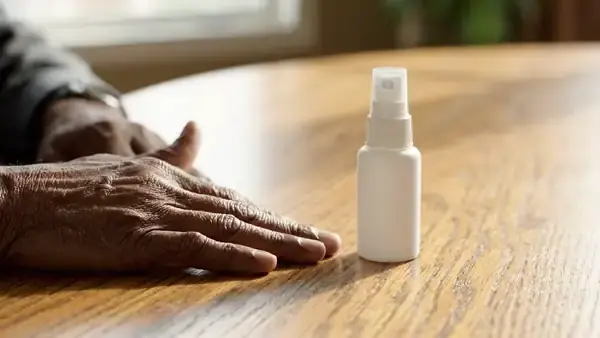 A man's hand tapping five fingers one at a time on an oak table beside a small white spray bottle