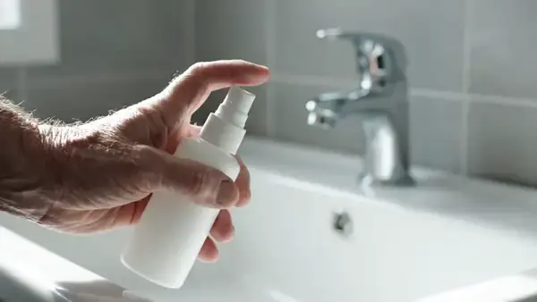 A hand pressing a small white spray bottle three times over a white sink, a fine mist catching the light