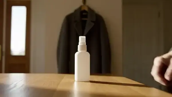 A man's hand picking up a small white spray bottle from a table by the door, a wool coat hanging behind it