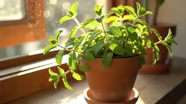 A pot of fresh peppermint on a sunny windowsill, its leaves moving in a light breeze