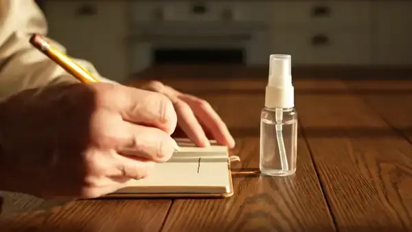 A man's hand writing short pencil strokes in a pocket notebook beside a small spray bottle
