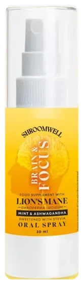 The white Shroomwell Brain & Focus Spray bottle with its clear cap, cut out from the seller's own photograph